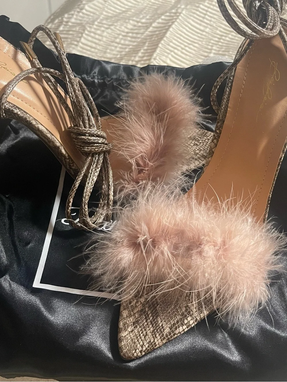 Feather Trim Pink Slide Heels with Clear Stiletto and Snake-Print Upper
